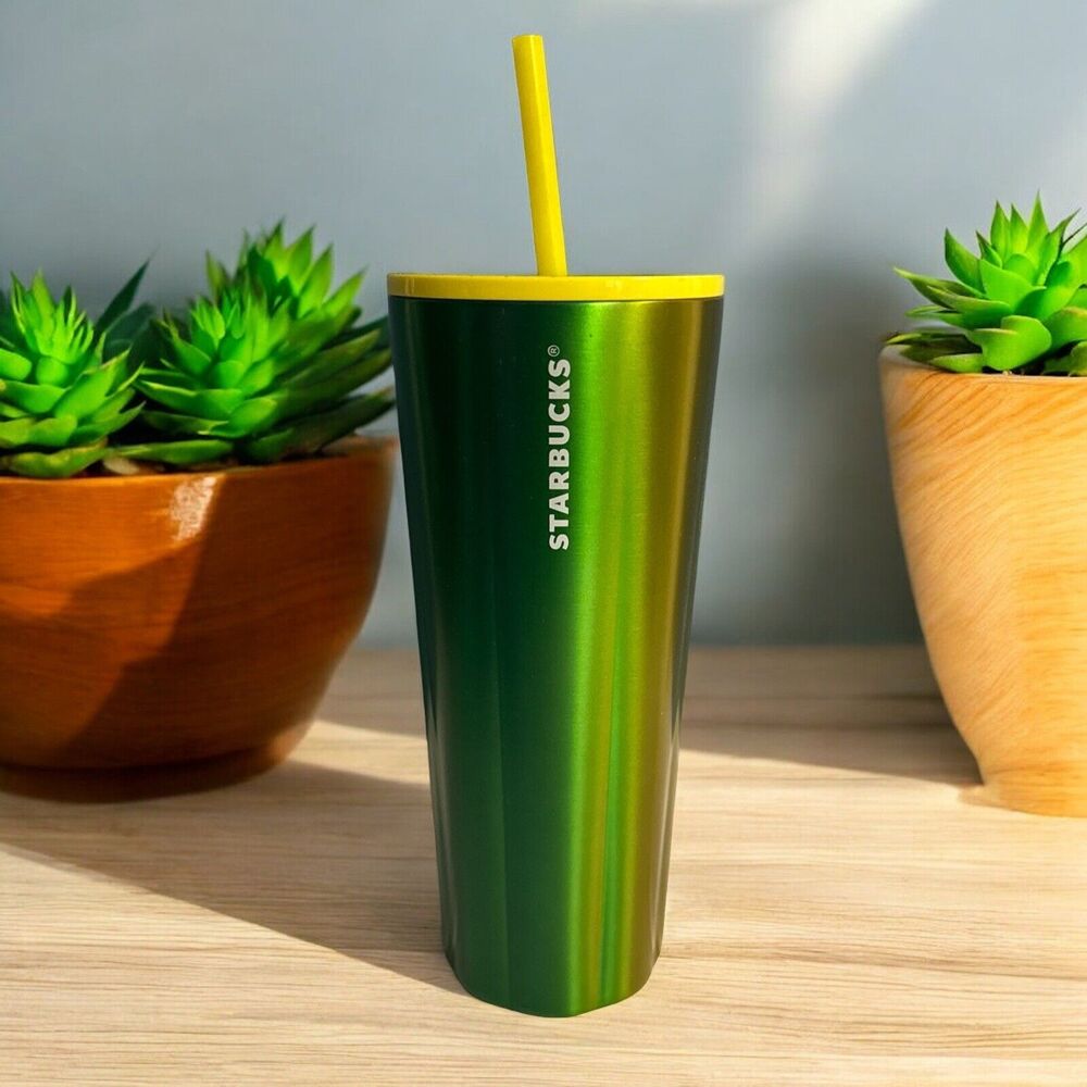 Starbucks 2022 Green Yellow Paint Splatter Lid Venti 24oz‎ Steel Metal Tumbler